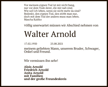 Anzeige von Walter Arnold von Reutlinger General-Anzeiger