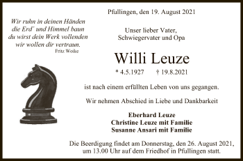 Anzeige von Willi Leuze von Reutlinger General-Anzeiger