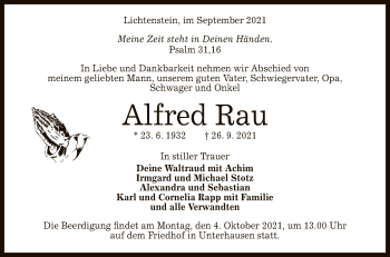 Anzeige von Alfred Rau von Reutlinger General-Anzeiger