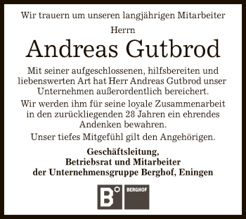 Anzeige von Andreas Gutbrod von Reutlinger General-Anzeiger