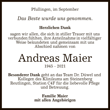 Anzeige von Andreas Maier von Reutlinger General-Anzeiger