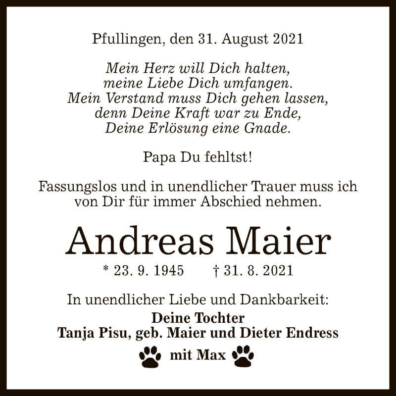  Traueranzeige für Andreas Maier vom 11.09.2021 aus Reutlinger General-Anzeiger