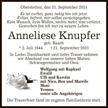 Anzeige von Anneliese Knupfer von Reutlinger General-Anzeiger