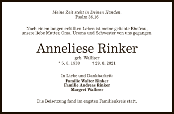 Anzeige von Anneliese Rinker von Reutlinger General-Anzeiger