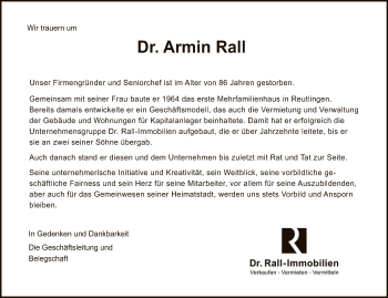 Anzeige von Armin Rall von Reutlinger General-Anzeiger