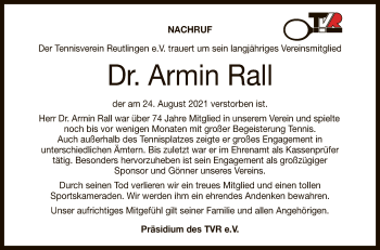 Anzeige von Armin Rall von Reutlinger General-Anzeiger