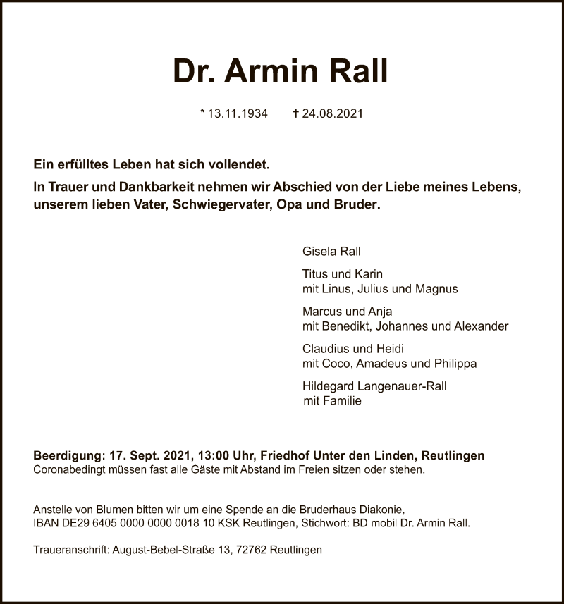  Traueranzeige für Armin Rall vom 04.09.2021 aus Reutlinger General-Anzeiger