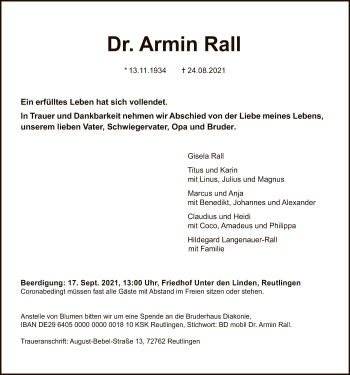 Anzeige von Armin Rall von Reutlinger General-Anzeiger