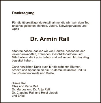 Anzeige von Armin Rall von Reutlinger General-Anzeiger