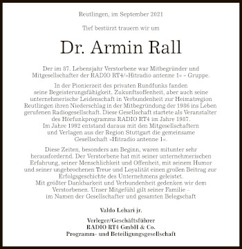 Anzeige von Armin Rall von Reutlinger General-Anzeiger