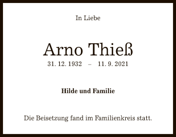 Anzeige von Arno Thieß von Reutlinger General-Anzeiger