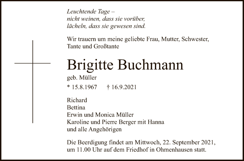  Traueranzeige für Brigitte Buchmann vom 21.09.2021 aus Reutlinger General-Anzeiger