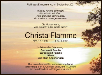 Anzeige von Christa Flamme von Reutlinger General-Anzeiger