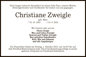 Anzeige von Christiane Zweigle von Reutlinger General-Anzeiger