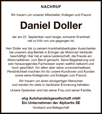 Anzeige von Daniel Doller von Reutlinger General-Anzeiger