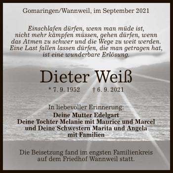 Anzeige von Dieter Weiß von Reutlinger General-Anzeiger