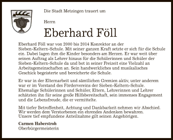 Anzeige von Eberhard Föll von Reutlinger General-Anzeiger