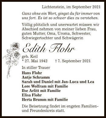 Anzeige von Edith Flohr von Reutlinger General-Anzeiger
