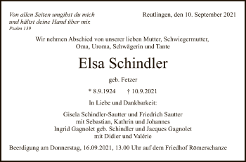 Anzeige von Elsa Schindler von Reutlinger General-Anzeiger