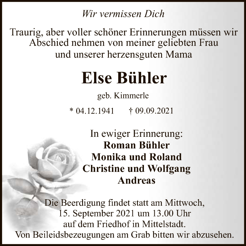  Traueranzeige für Else Bühler vom 11.09.2021 aus Reutlinger General-Anzeiger