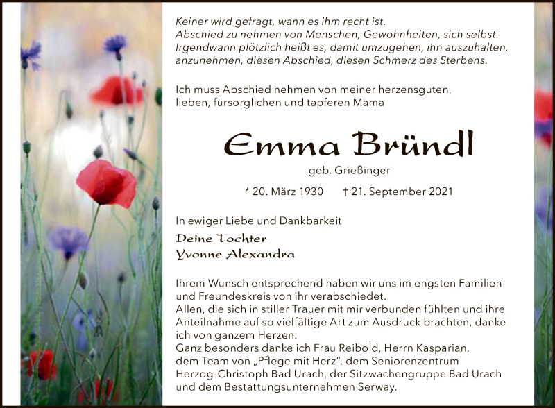  Traueranzeige für Emma Bründl vom 29.09.2021 aus Reutlinger General-Anzeiger