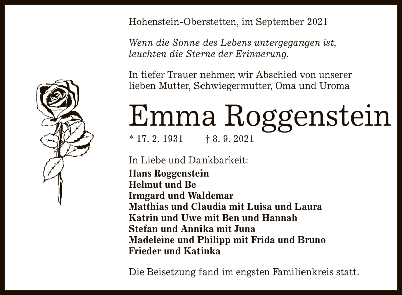 Traueranzeige für Emma Roggenstein vom 16.09.2021 aus Reutlinger General-Anzeiger