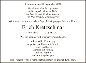 Anzeige von Erich Kretzschmar von Reutlinger General-Anzeiger