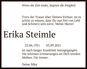 Anzeige von Erika Steimle von Reutlinger General-Anzeiger