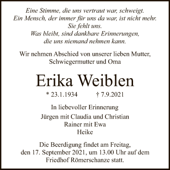 Anzeige von Erika Weiblen von Reutlinger General-Anzeiger