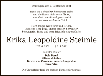 Anzeige von Erika Leopoldine Steimle von Reutlinger General-Anzeiger