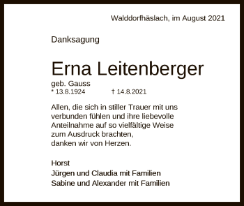 Anzeige von Erna Leitenberger von Reutlinger General-Anzeiger