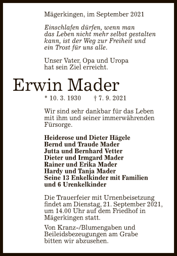 Anzeige von Erwin Mader von Reutlinger General-Anzeiger