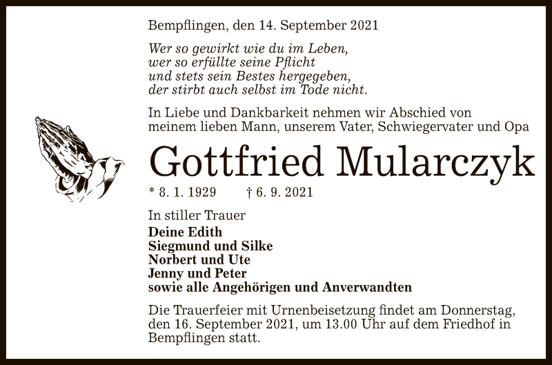  Traueranzeige für Gottfried Mularczyk vom 14.09.2021 aus Reutlinger General-Anzeiger