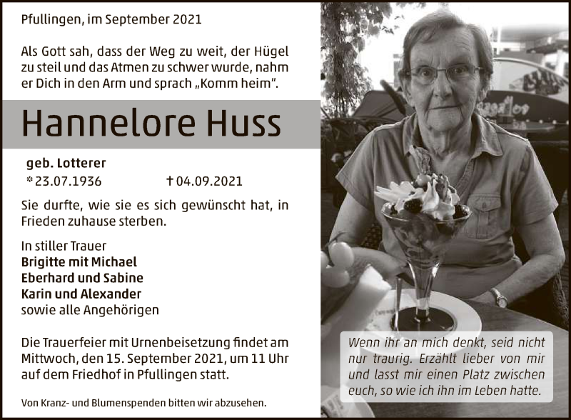  Traueranzeige für Hannelore Huss vom 11.09.2021 aus Reutlinger General-Anzeiger