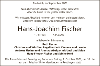 Anzeige von Hans-Joachim Fischer von Reutlinger General-Anzeiger