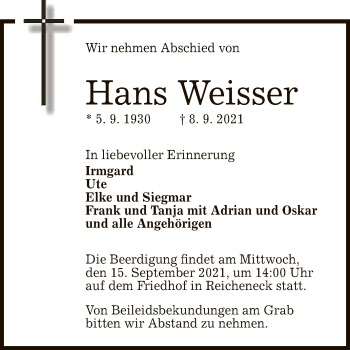 Anzeige von Hans Weisser von Reutlinger General-Anzeiger