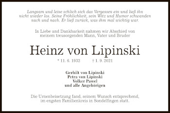 Anzeige von Heinz von Lipinski von Reutlinger General-Anzeiger