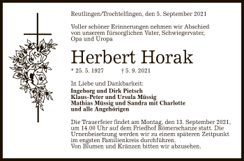 Anzeige von Herbert Horak von Reutlinger General-Anzeiger