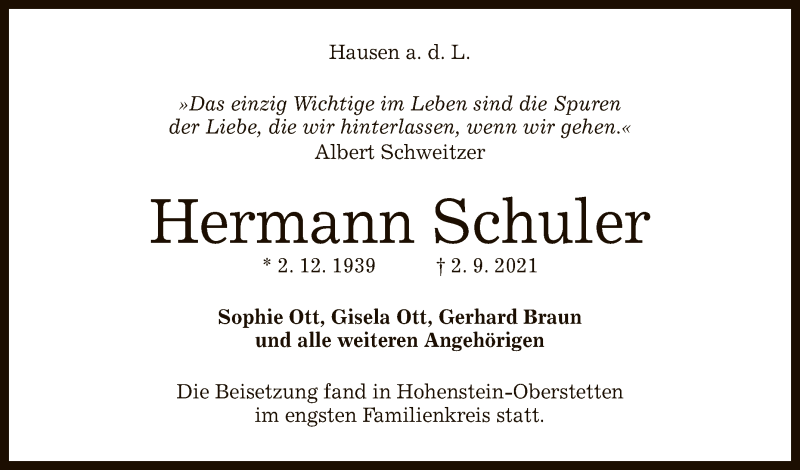  Traueranzeige für Hermann Schuler vom 11.09.2021 aus Reutlinger General-Anzeiger