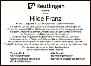Anzeige von Hilde Franz von Reutlinger General-Anzeiger