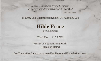 Anzeige von Hilde Franz von Reutlinger General-Anzeiger