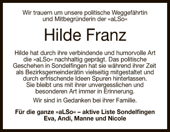 Anzeige von Hilde Franz von Reutlinger General-Anzeiger