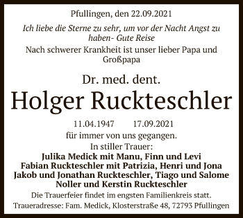 Anzeige von Holger Ruckteschler von Reutlinger General-Anzeiger