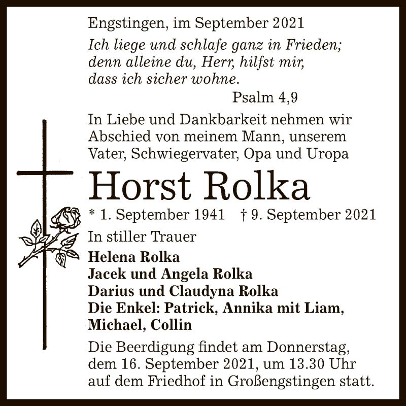  Traueranzeige für Horst Rolka vom 14.09.2021 aus Reutlinger General-Anzeiger