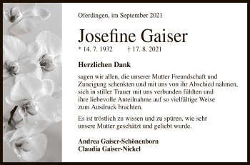 Anzeige von Josefine Gaiser von Reutlinger General-Anzeiger