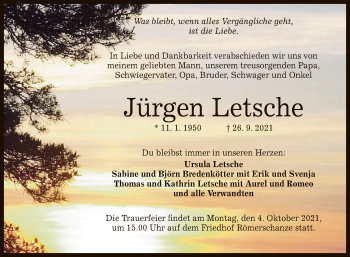 Anzeige von Jürgen Letsche von Reutlinger General-Anzeiger