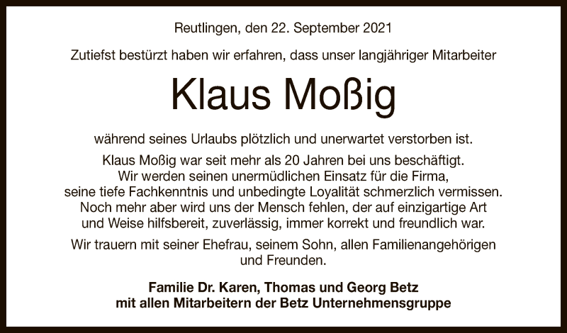  Traueranzeige für Klaus Moßig vom 22.09.2021 aus Reutlinger General-Anzeiger