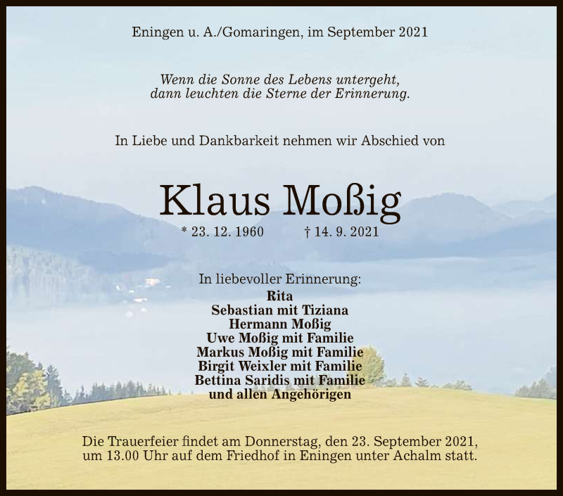  Traueranzeige für Klaus Moßig vom 21.09.2021 aus Reutlinger General-Anzeiger