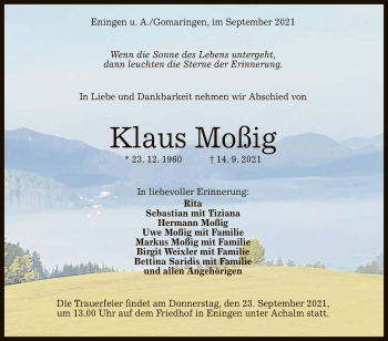 Anzeige von Klaus Moßig von Reutlinger General-Anzeiger