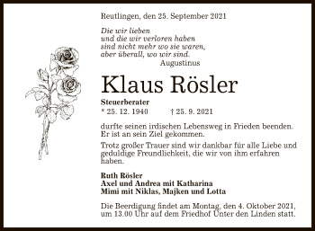 Anzeige von Klaus Rösler von Reutlinger General-Anzeiger